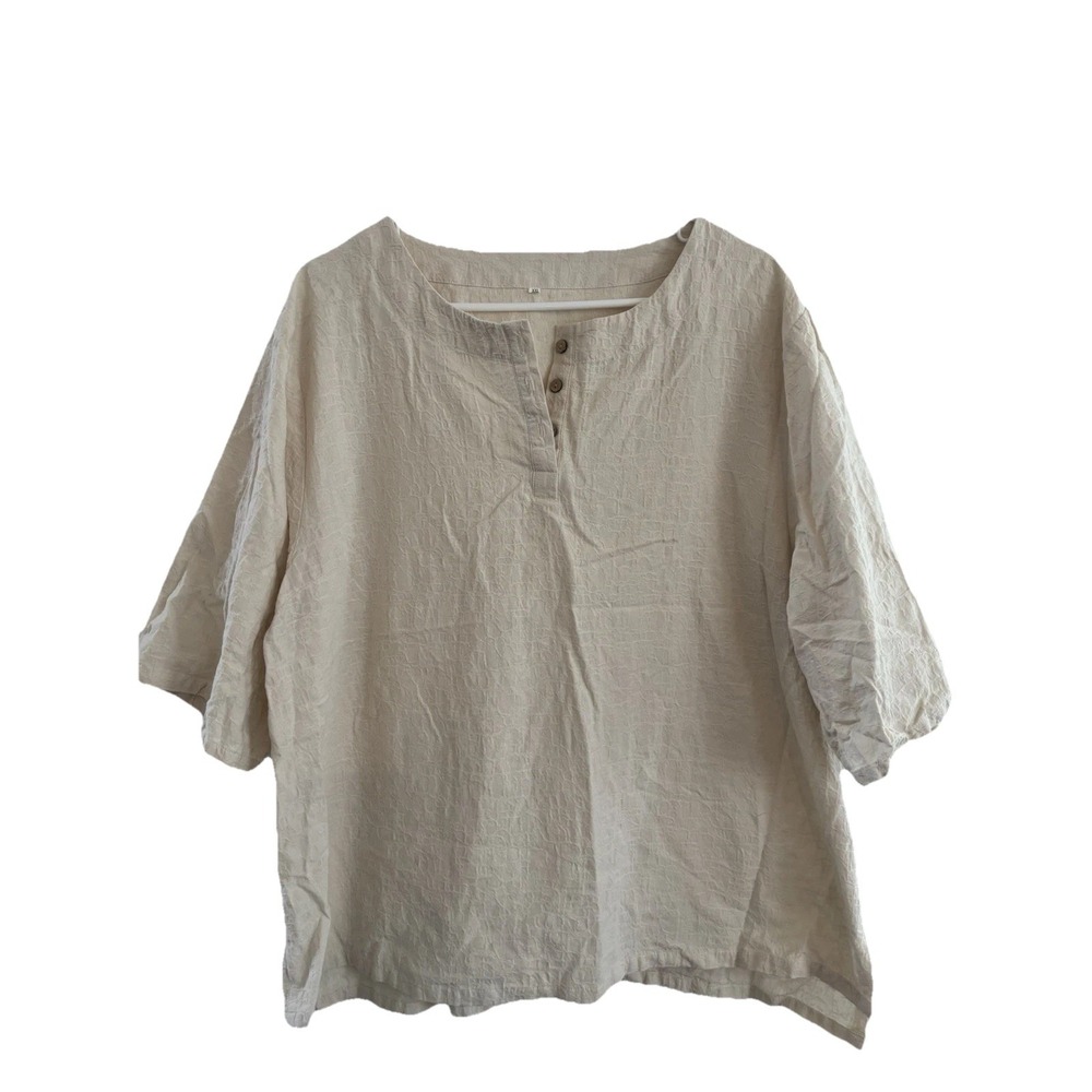 Minibee Womens 2XL Linen Blend Round Neck‎ Sh/Sl Textured Tunic Blouse Off-White